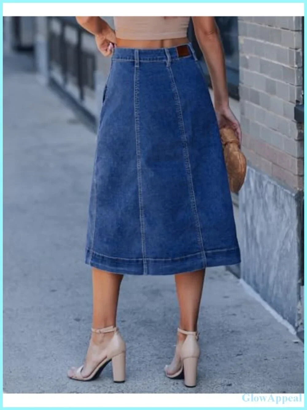 Denim A-Line Midi Skirt High Waist Stretchy with Pockets Button Front
